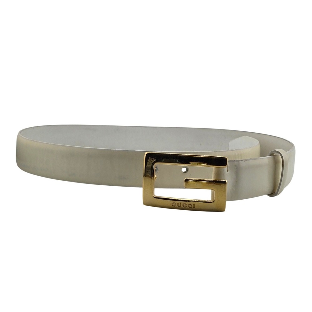 Gucci White Patent Leather G Logo Buckle Belt Gold Tone Vintage 70 28 036-1406